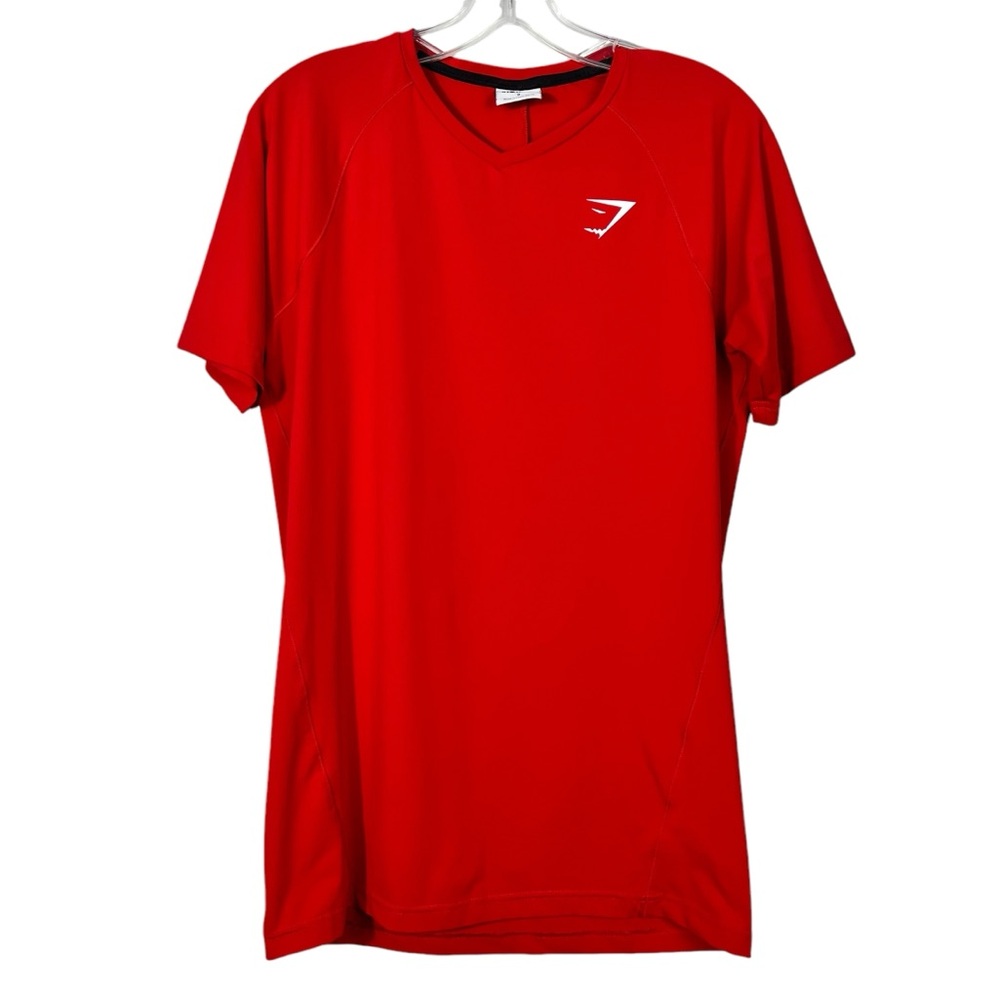 Gymshark Men's Red White Logo V-Neck Short Sleeve Moisture Wicking T-Shirt Small